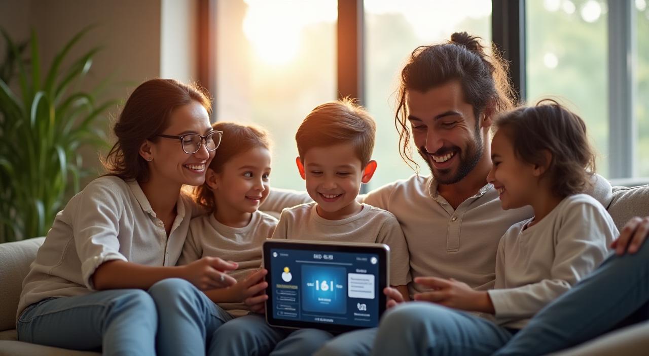 A happy family using a digital tablet to manage their home services