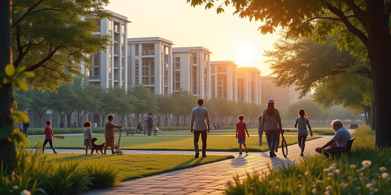 Diverse modern community members interacting in a shared green space at Devlok Dwellings