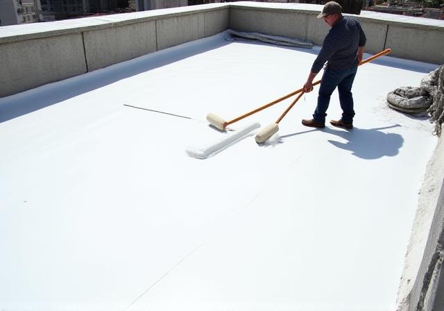 Application of white liquid waterproof membrane on a flat urban terrace