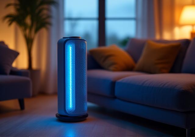 Air purifier in a cozy living room with winter specialized window insulation