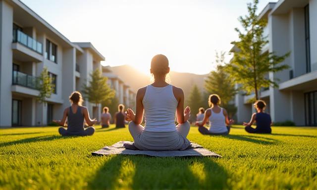 Morning yoga workshop in a lush green lawn