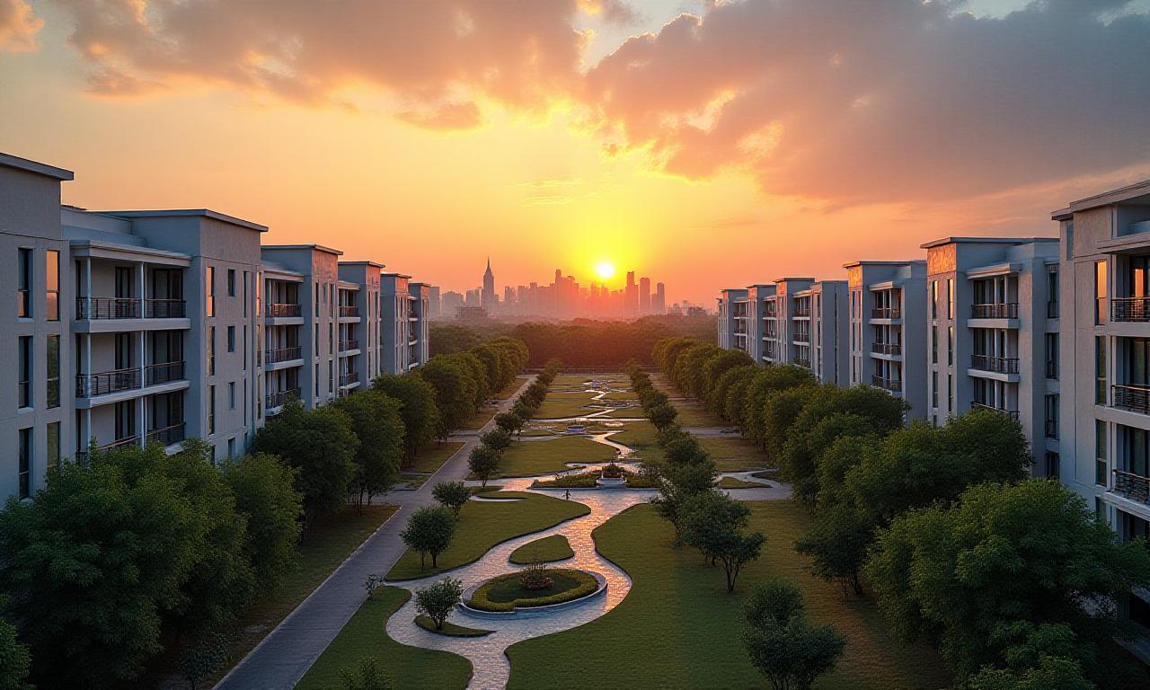 Modern residential complex in Delhi during sunset